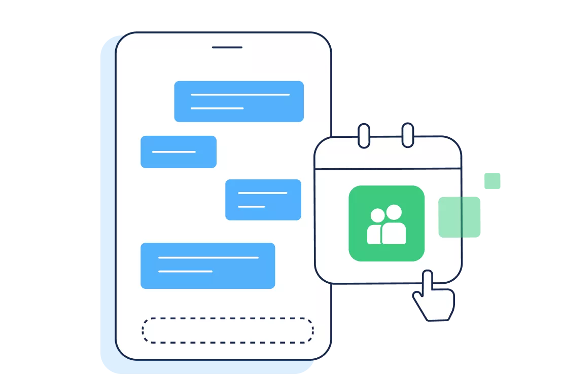 Chat conversation linked to calendar invite, showing Calendly integration for scheduling meetings from conversations