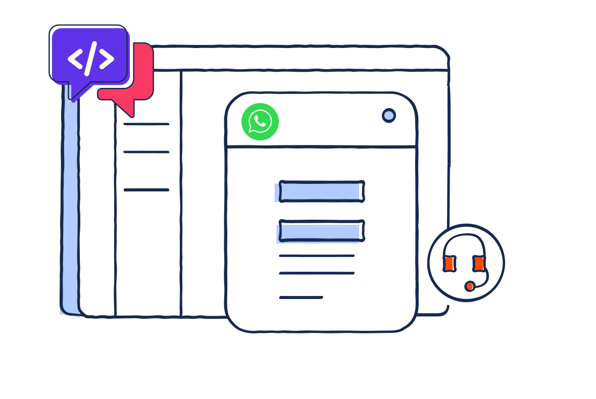 Computer screen with coding bubble, WhatsApp icon panel, and headset, representing digital communication tools.