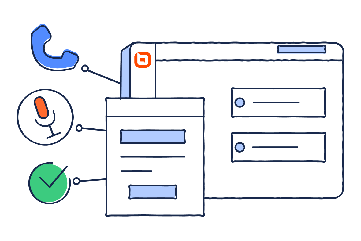 White dashboard with blue phone, red mic, green checkmark icons linked to features, plus BoldDesk logo