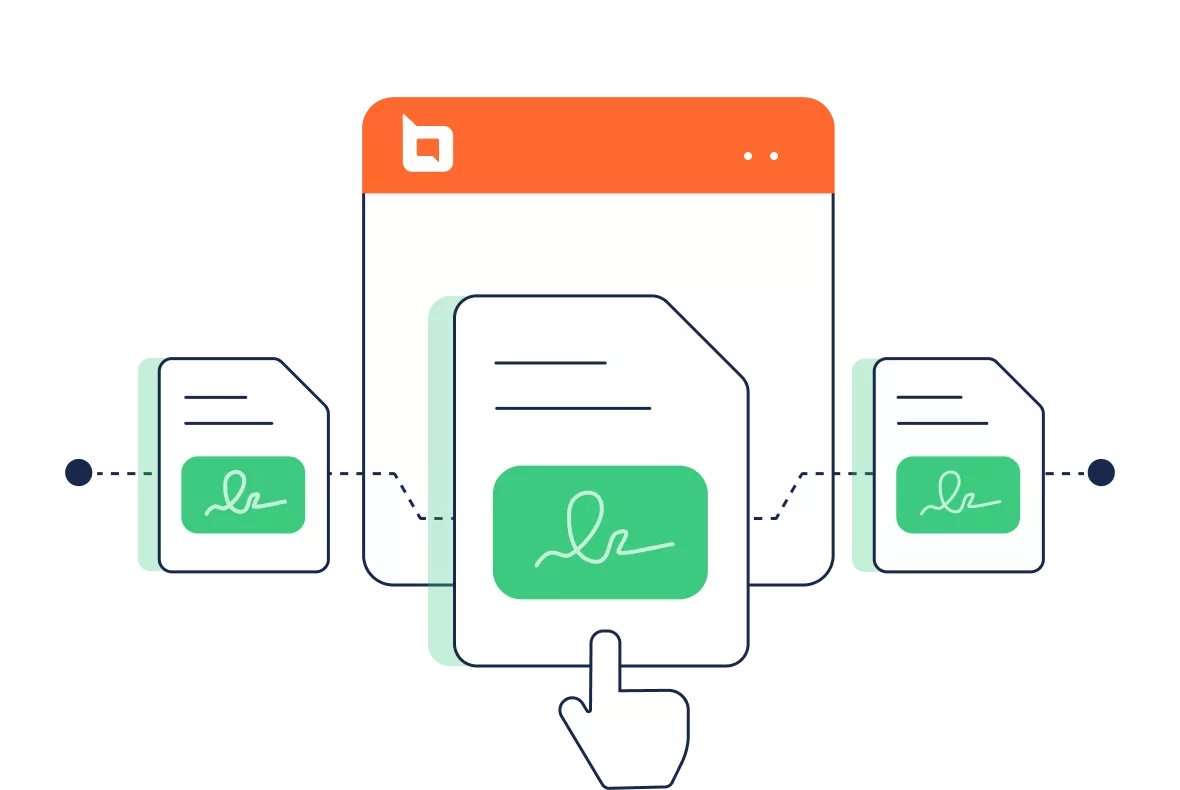 Documents moving through BoldDesk interface with signature action, illustrating BoldSign integration for tickets.