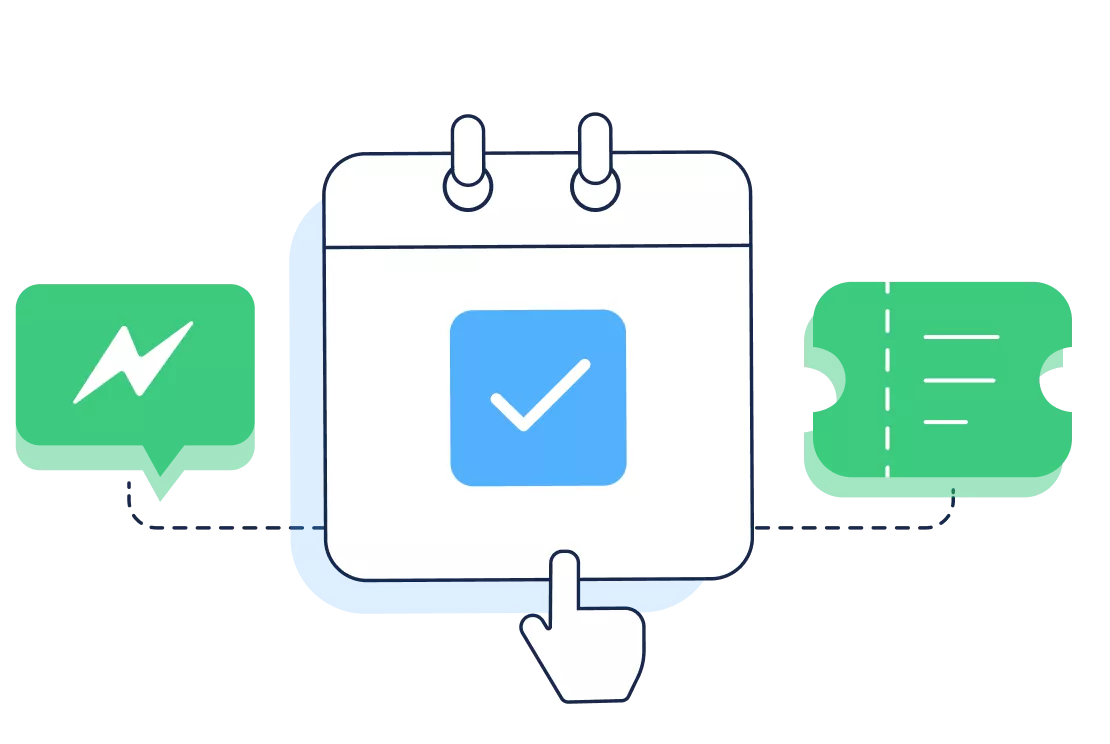 Calendar selection with confirmation checkmark, illustrating Calendly integration for booking support meetings