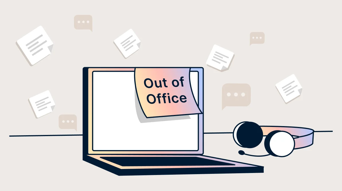 Illustration of a laptop with an note, representing out‑of‑office message templates for customer support teams.