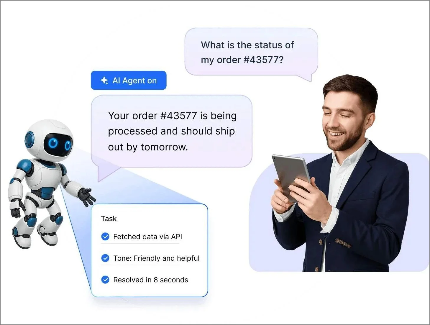 BoldDesk AI Agent automatically resolving a customer support query using real-time API data.