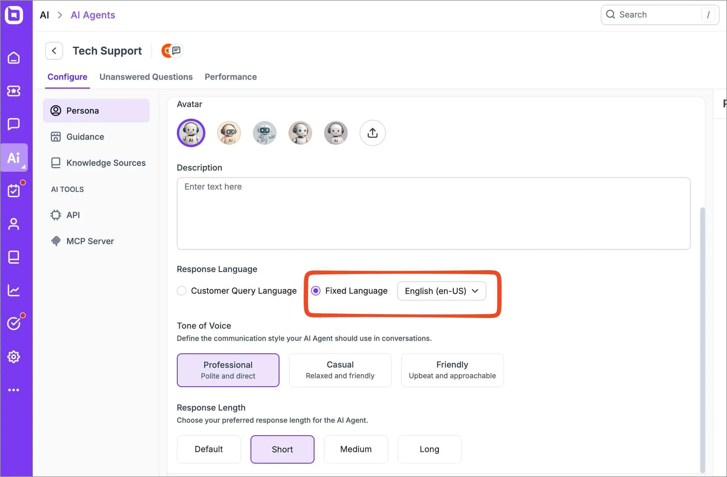 AI agent persona settings screen showing response language options including the fixed AI response language setting.