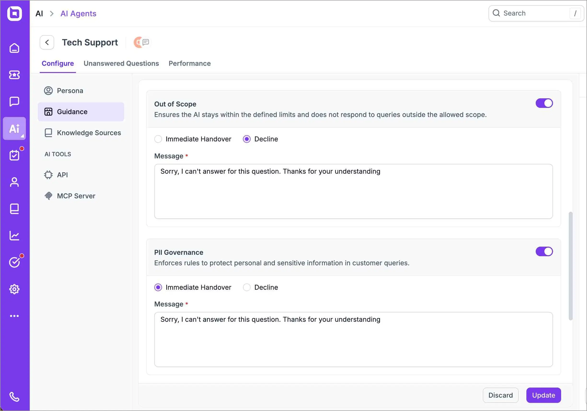 AI agent guidance settings showing safety rules, out‑of‑scope handling, and PII governance for compliance intelligence