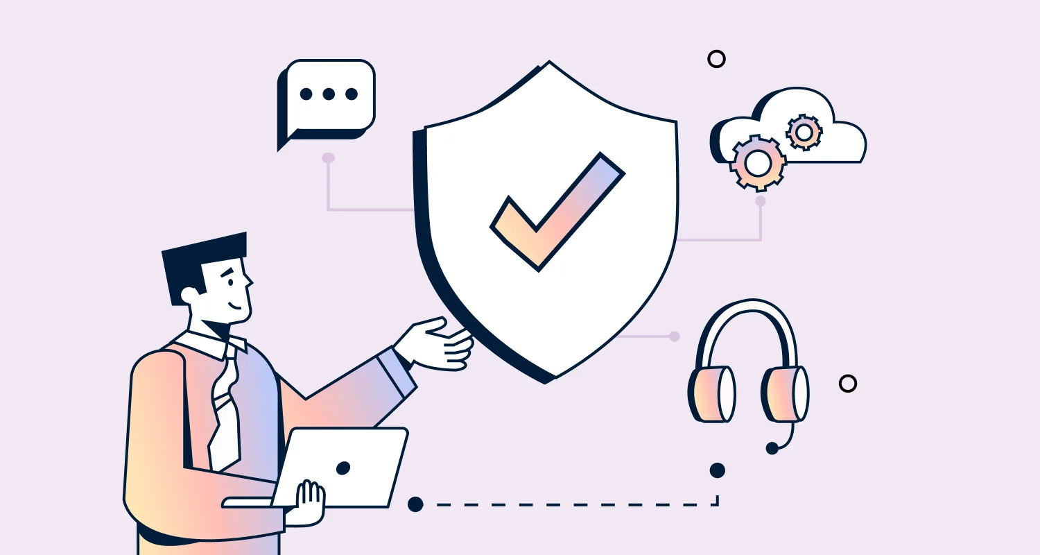 Illustration showing a help desk security audit process with shield protection and support ticket icons.