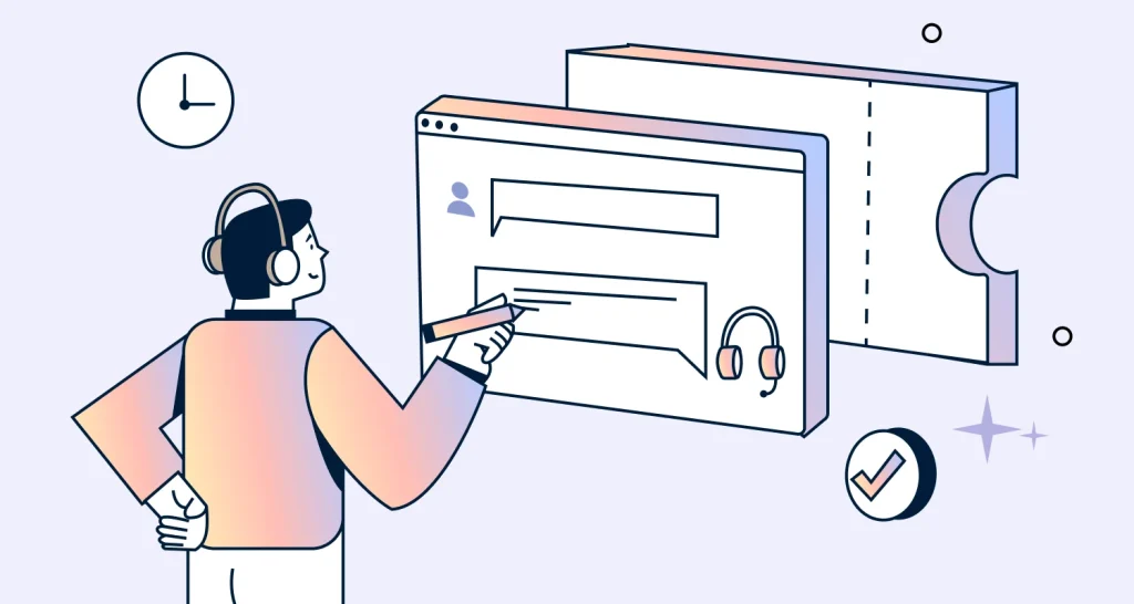 Support agent writing a reply to a support ticket on a help desk screen with checkmark and clock icons.