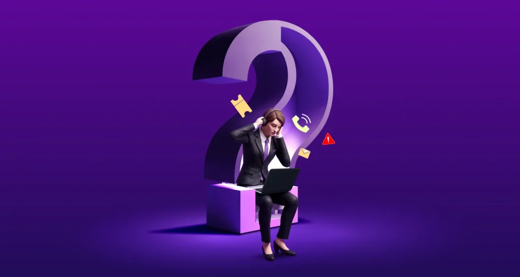 Person sitting with a laptop surrounded by support icons, symbolizing challenges as customer experience breakdowns.