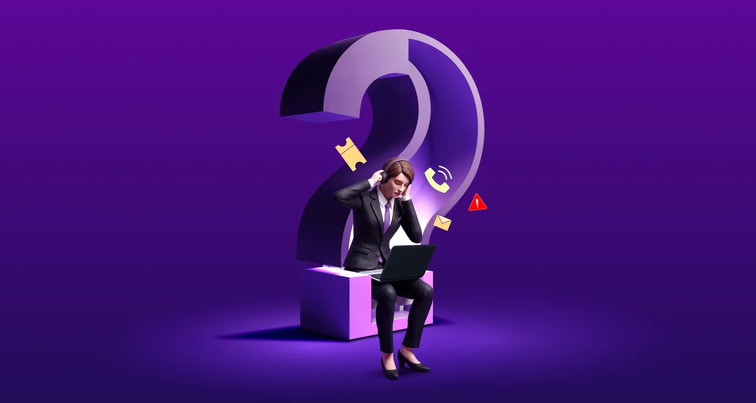 Person sitting with a laptop surrounded by support icons, symbolizing challenges as customer experience breakdowns.