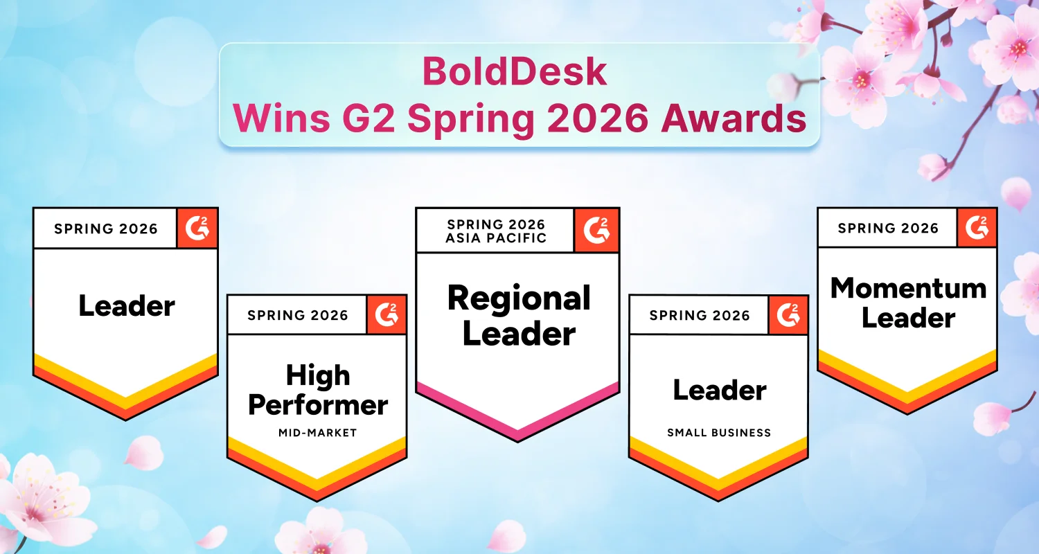 Infographic of BoldDesk’s G2 Spring 2026 badges, including Leader, Regional Leader, and Momentum Leader
