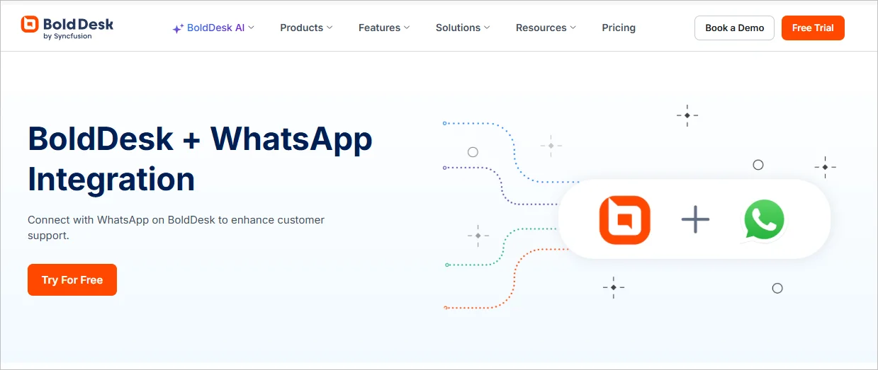 Visual illustrating how BoldDesk uses WhatsApp support workflows to connect directly with WhatsApp and create a WhatsApp‑based ticketing system.