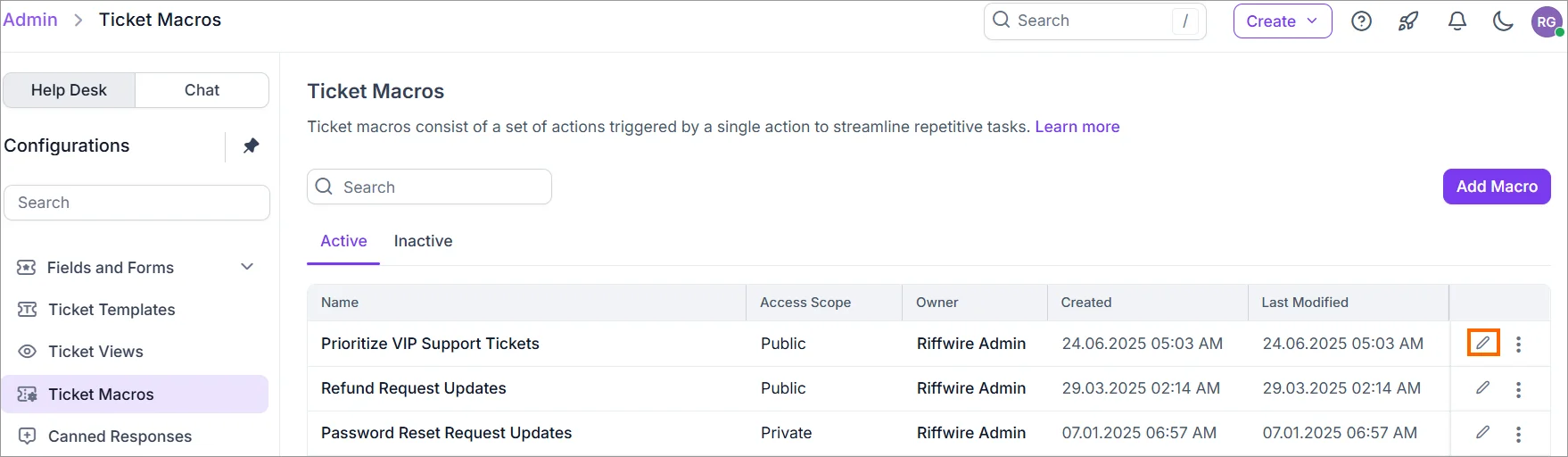Admin dashboard showing active ticket macros used to automate support workflows