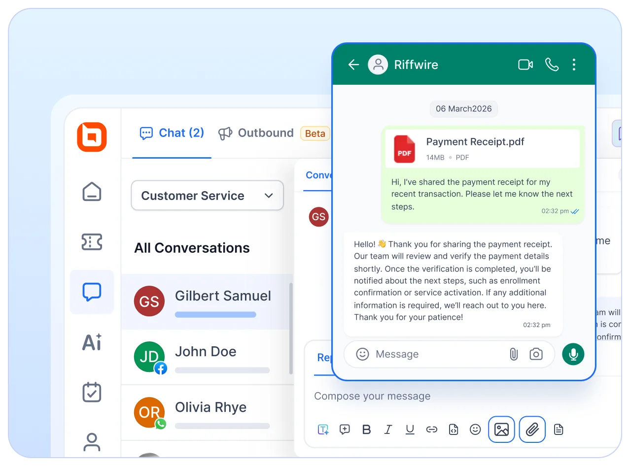 Send and receive documents seamlessly through a WhatsApp ticketing system connected to a unified helpdesk inbox