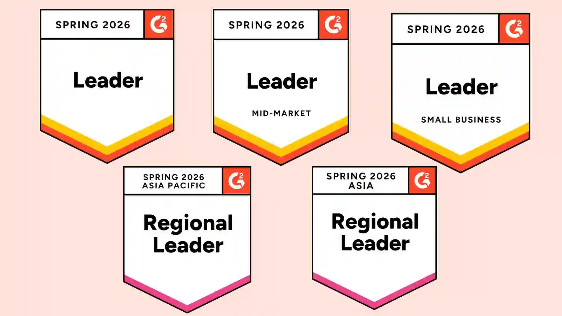 An image showing G2 Spring 2026 Leader and Regional Leader badges awarded to BoldDesk for Customer Communications Software.