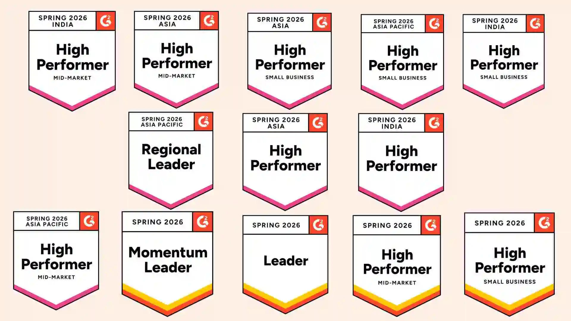 An image showing G2 Spring 2026 badges awarded to BoldDesk for Customer Self‑Service Software across regions and segments.