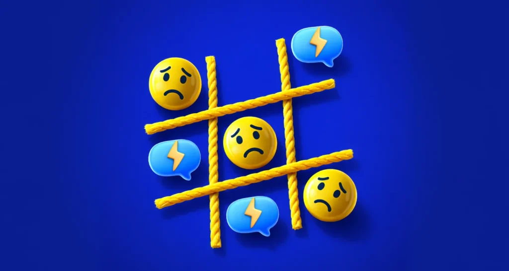 Fast replies vs customer happiness (webinar) visual showing unhappy emojis and chat lightning icons in a grid