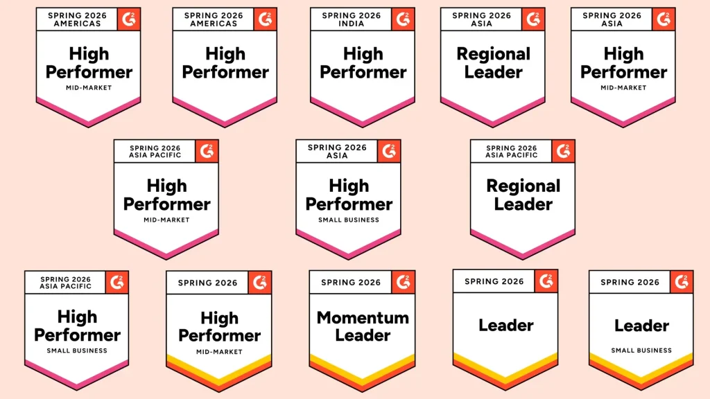 BoldDesk G2 Spring 2026 Reports badges, including G2 Leader and High Performer honors across global support categories.