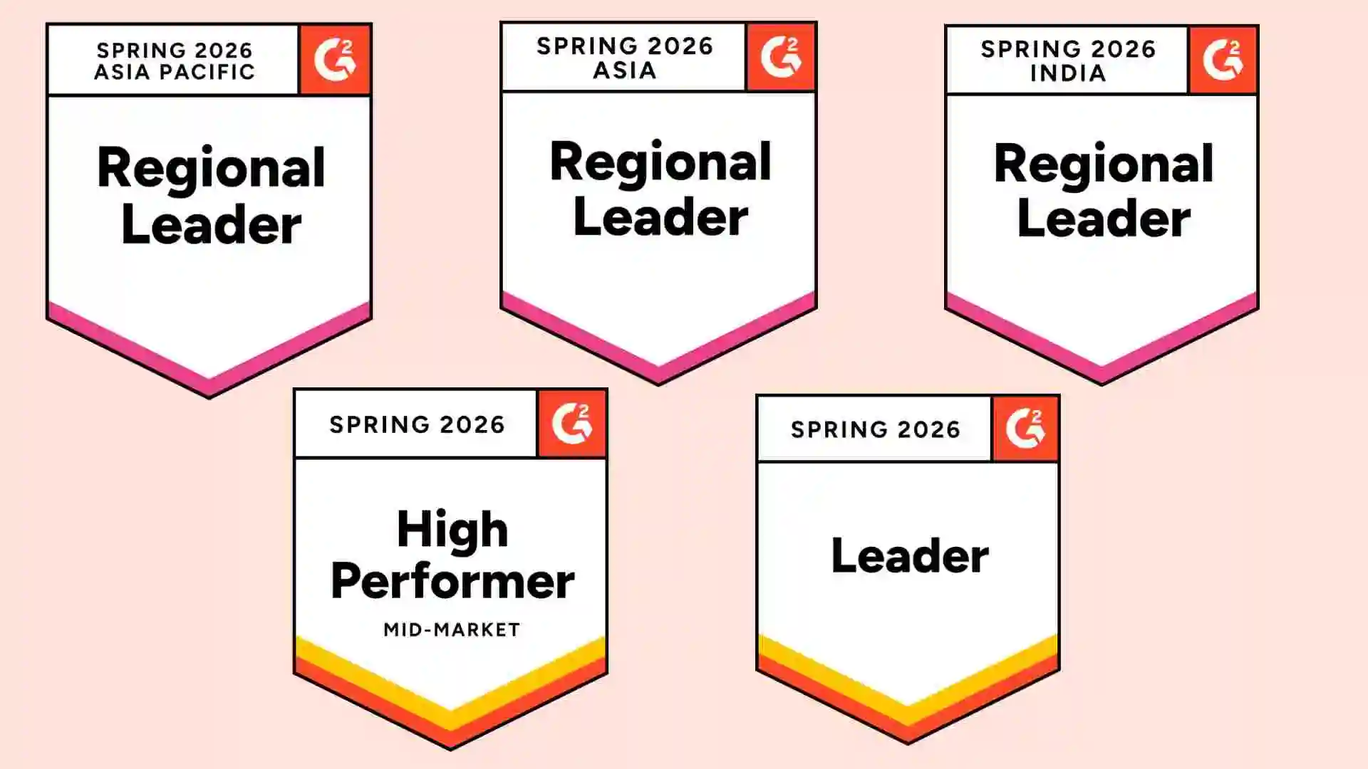 Image showing five G2 spring 2026 reports badges showing Leader, Regional Leader, and High Performer status for live chat.