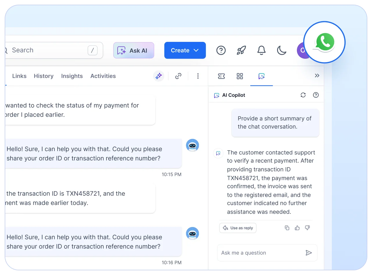 Speed up resolutions with AI summaries inside a WhatsApp ticketing system integrated with a smart, unified helpdesk dashboard