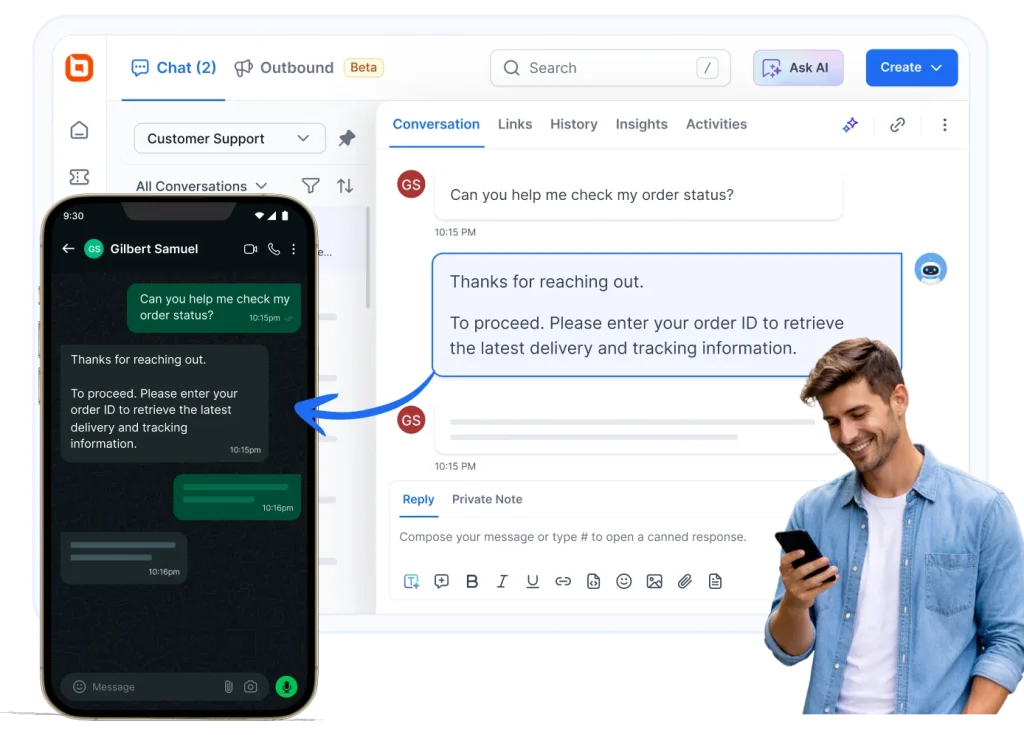 Agent replies to customer chat using a WhatsApp ticketing system synced with helpdesk dashboard for order status support