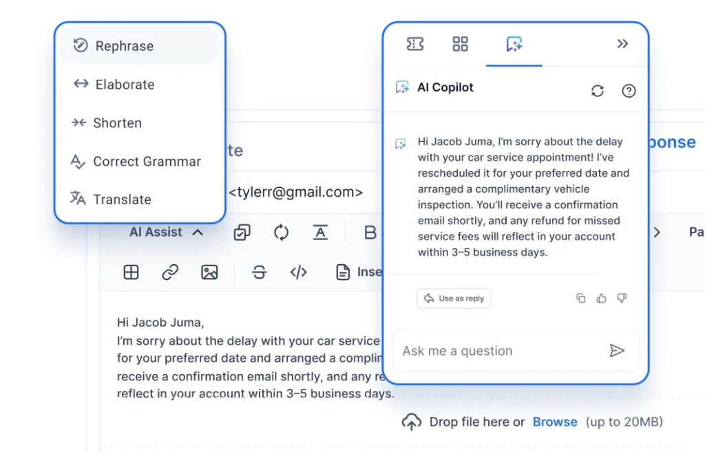 AI-powered writing assistant interface for improving customer responses.