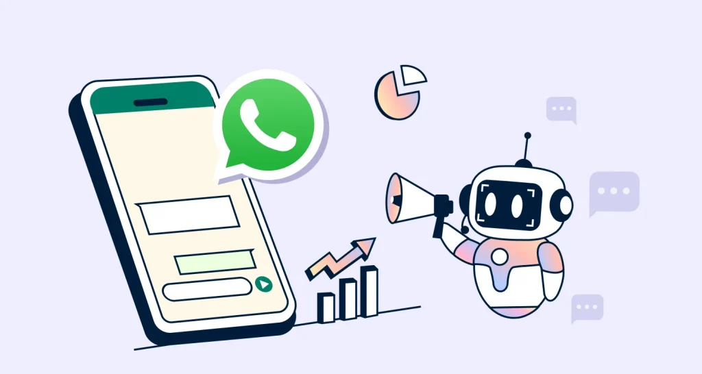 Illustration of smartphone with WhatsApp chat, growth chart, and robot announcing messages, representing whatsapp ai agent automation.
