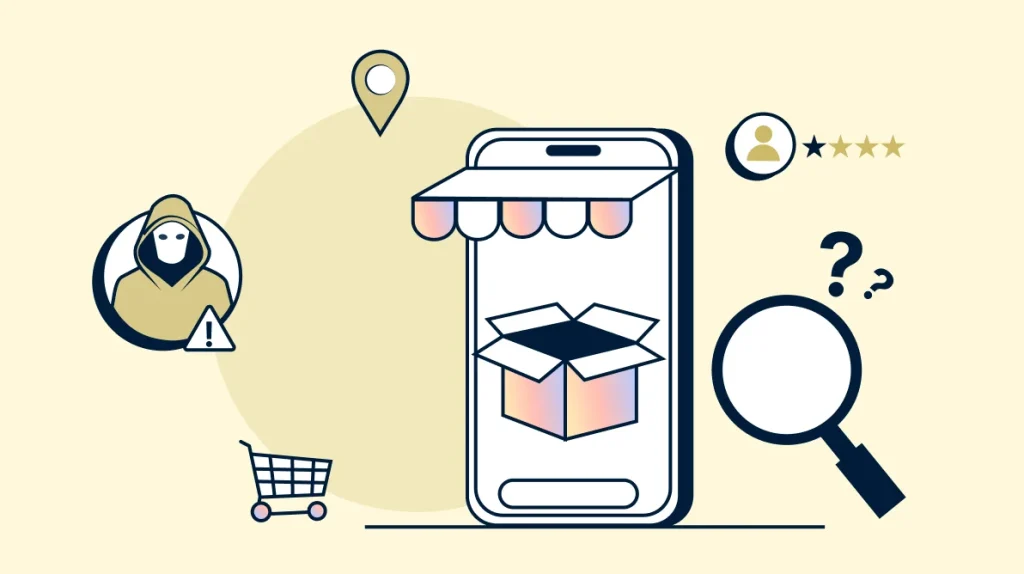 Illustration representing e‑commerce fraud signals in mobile shopping, including suspicious activity, delivery uncertainty, and investigation icons.