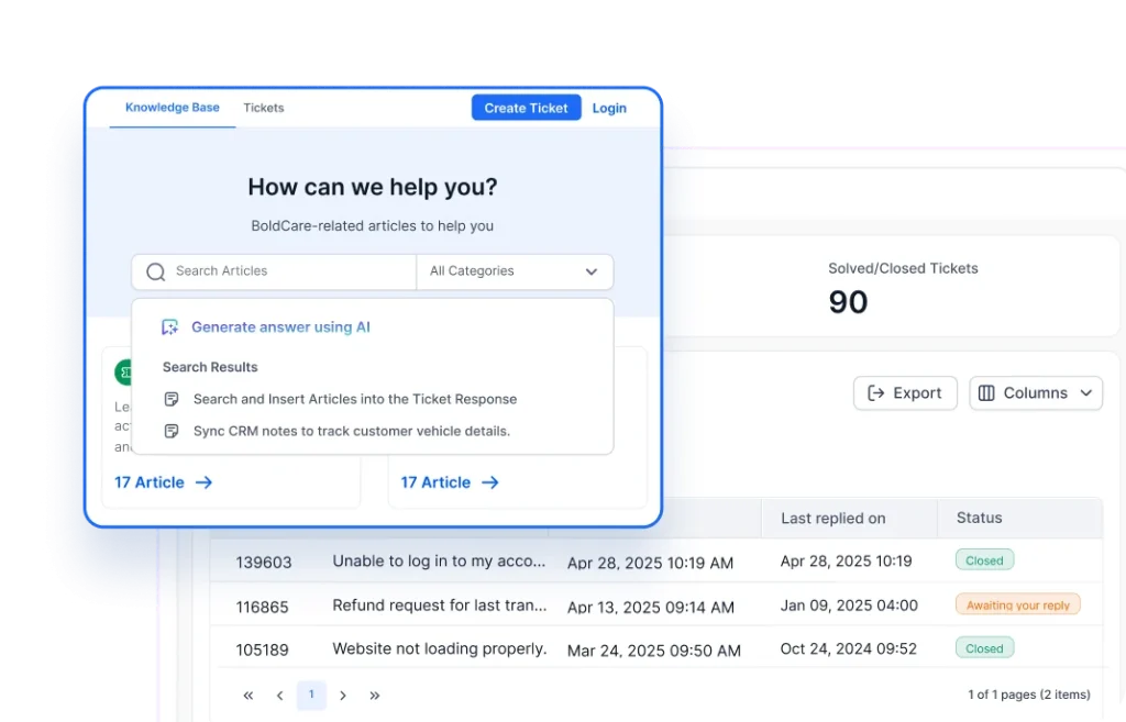 Client portal interface with ticket submission and AI response options.