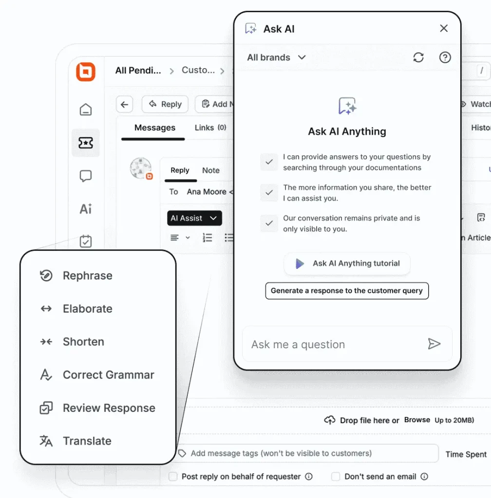 AI assistant panel in a support platform offers reply drafting, rephrasing, translation, and grammar tools.