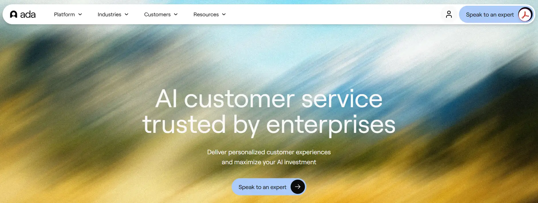 Ada home page showcasing AI customer service trusted by enterprises with messaging focused on personalized experiences