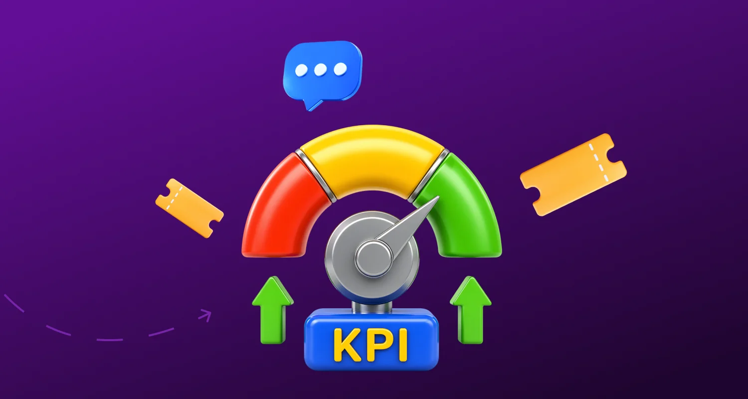 Support KPIs illustration showing service metrics, response tracking, and performance improvement