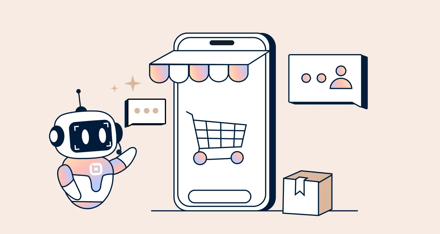 Illustration of ecommerce chatbots assisting online shoppers through a mobile store with cart, chat, and delivery icons