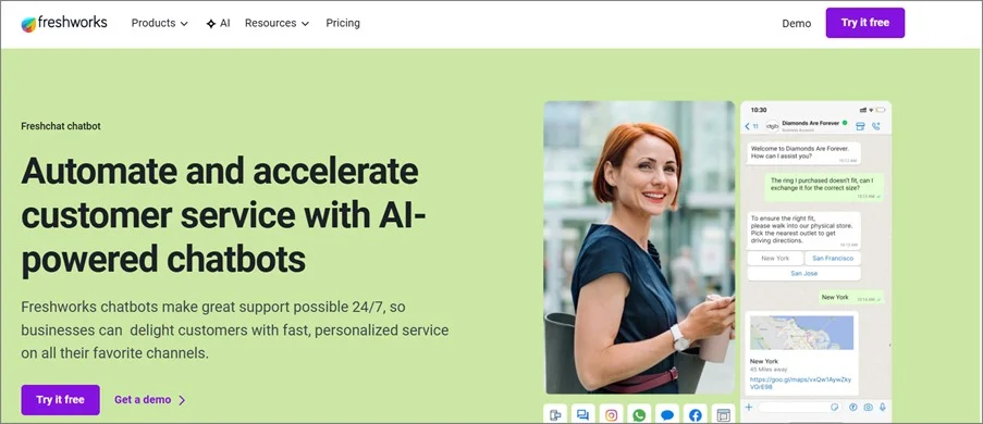 Image of Freshchat website showing a WhatsApp AI chatbot for customer service automation to accelerate support on mobile
