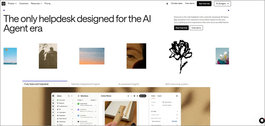 Image of the Intercom help desk site highlighting a WhatsApp AI chatbot for business and support automation