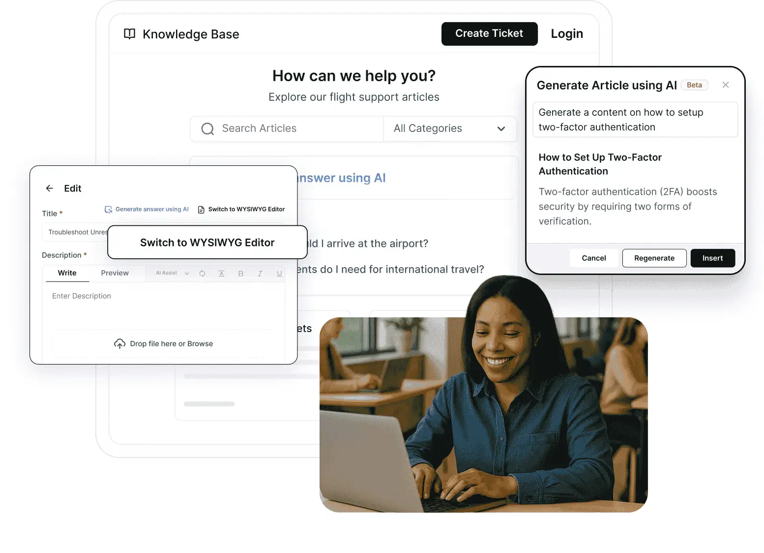Illustration showing BoldDesk's knowledge base interface