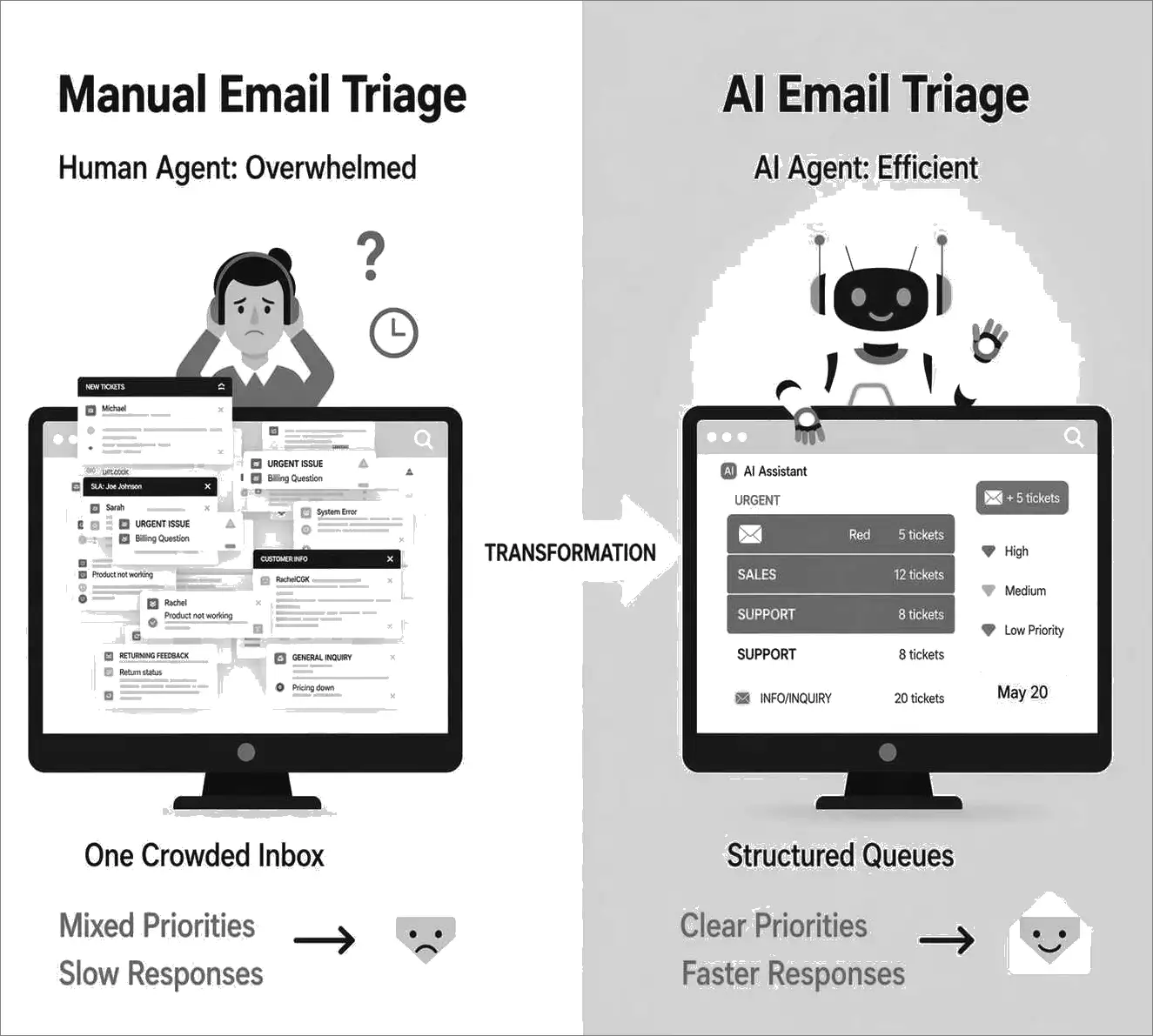 Infographic of manual vs AI triage showing crowded inbox transformation to structured queues and clear priorities.