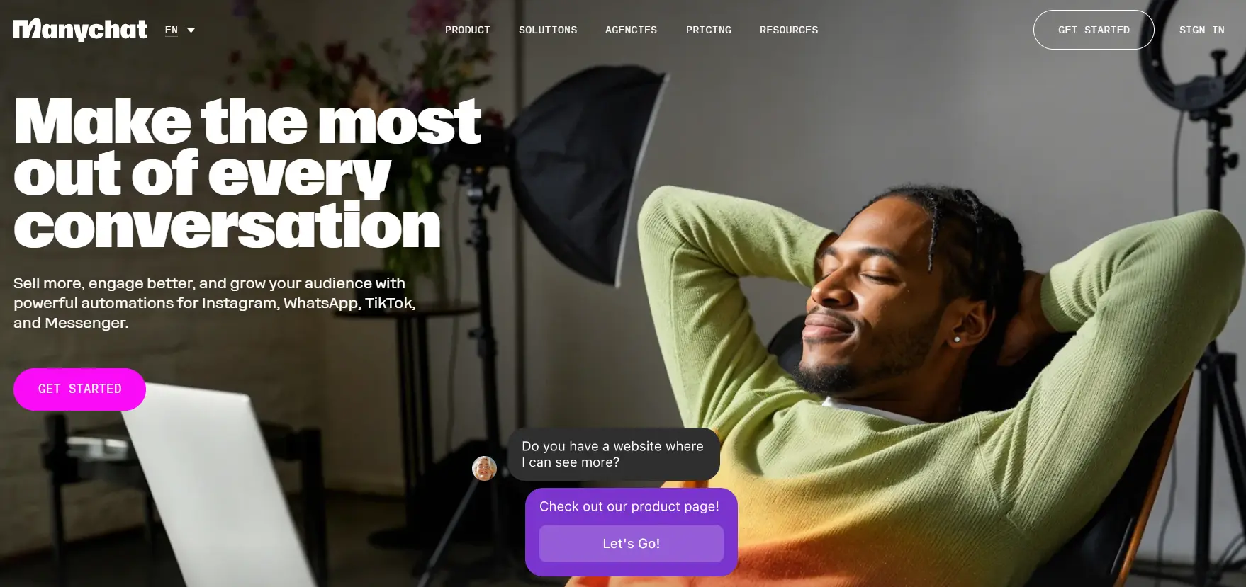 Manychat home page promoting conversational marketing to automate Instagram, WhatsApp, TikTok, and Messenger interactions