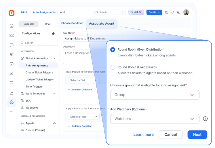 Configuration screen showing automated workflows in BoldDesk for rule-based ticket routing, condition selection, and agent association