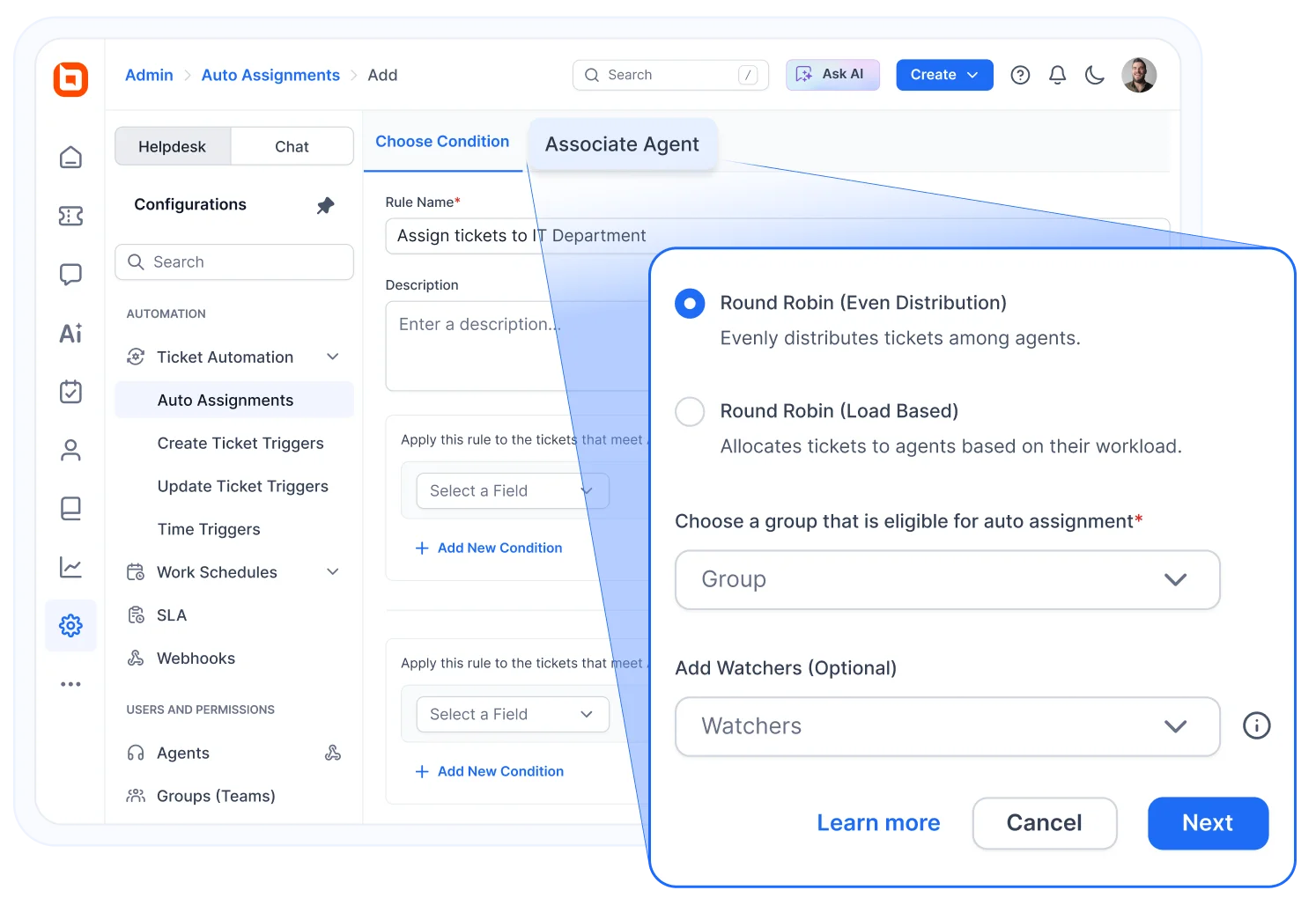 Admin panel showing ticket auto‑assignment settings with round‑robin distribution options and agent group selection.