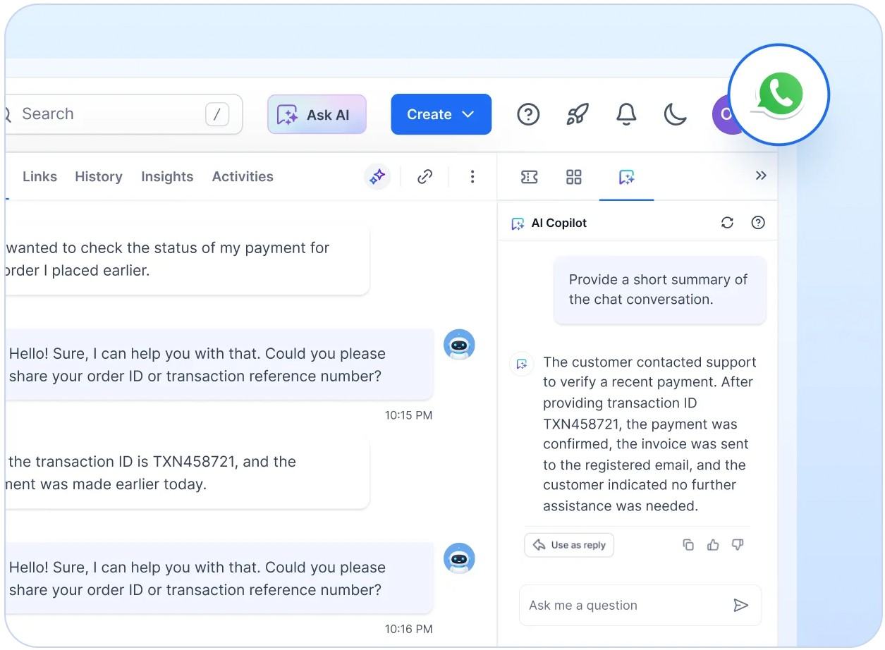 AI‑powered WhatsApp customer support interface delivering instant responses around the clock.