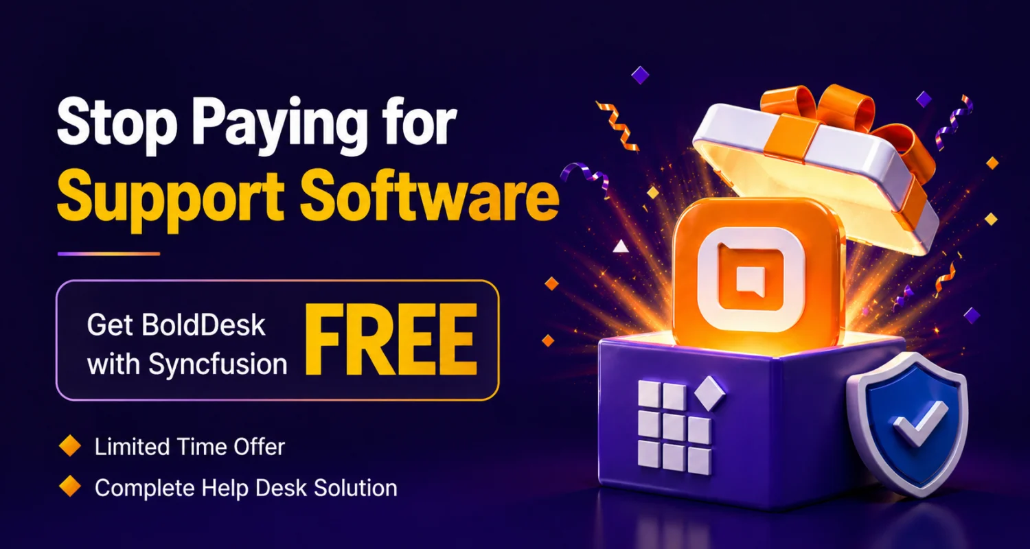 Syncfusion customers get BoldDesk for free with a gift box illustration, support icon, and productivity tools