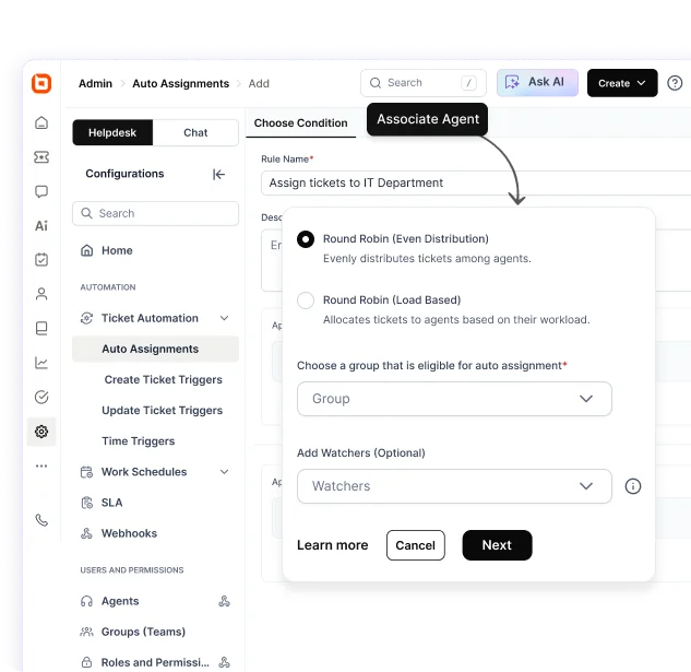 Automated ticket assignment workflow with round-robin routing and workload-based distribution options