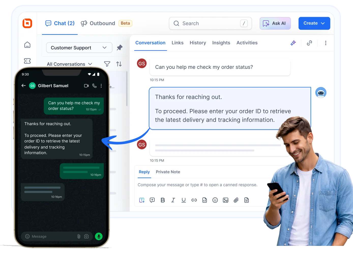 Illustration showing WhatsApp conversations seamlessly synced with a customer support dashboard, demonstrating AI integration with business systems for order status.