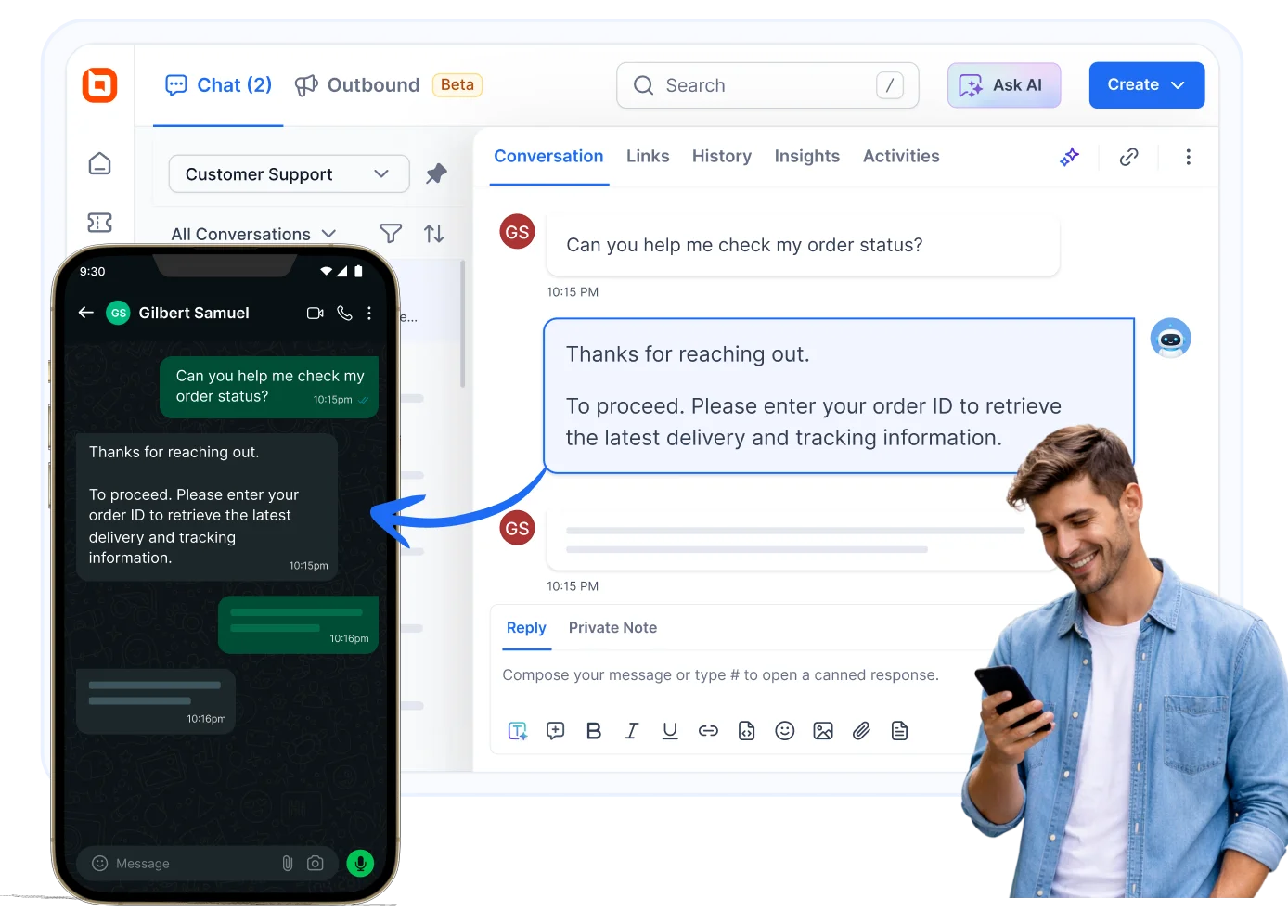 Illustration showing WhatsApp conversations seamlessly synced with a customer support dashboard, demonstrating AI integration with business systems for order status.