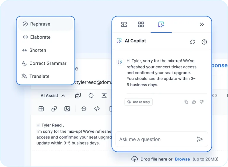 AI Copilot window displayed in a support tool with options like Rephrase and Translate, designed to improve customer experience tools.