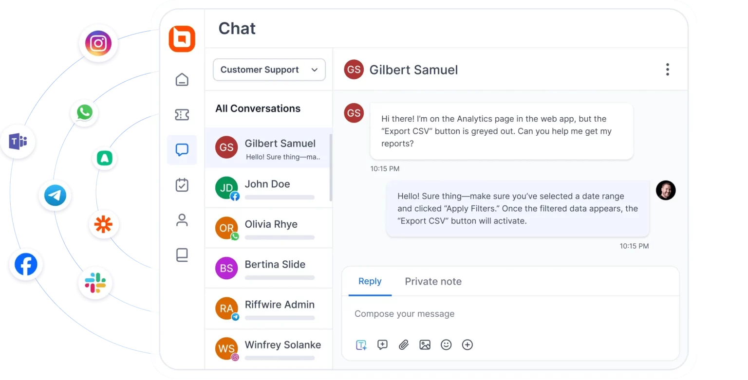Chat interface with customer support conversations, contact list on left, chat exchange on right, and social media icons for app integration.