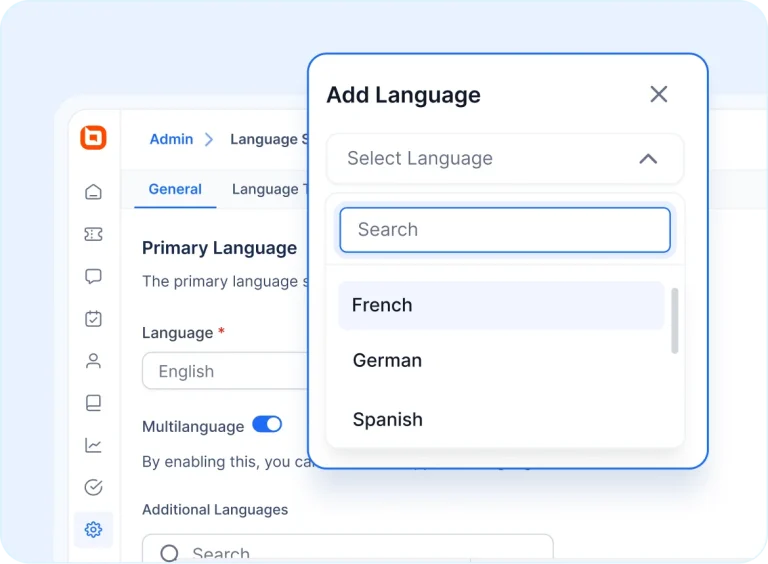 Modern, clean user interface with a language settings menu and dropdown to select French, German, Spanish, or other languages.