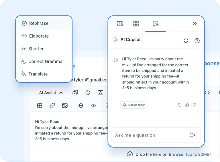 AI-powered help desk software for SaaS showing smart reply options like rephrase, elaborate, and translate