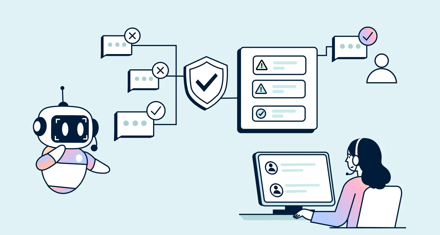 Illustration showing AI hallucinations in customer service with chatbot, policy shield, and user reviewing automated responses.