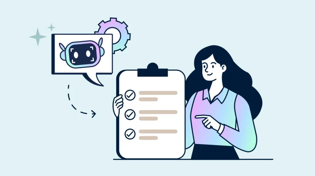 Illustration of ai agent platform helping manage tasks with checklist automation and chatbot assisting workflow execution.